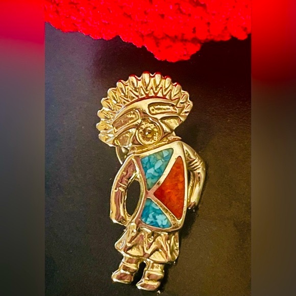 Vintage Kachina Silver and Turquoise Lapel Pin - Picture 2 of 7